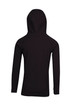 A black kids' fusion t-shirt hoodie with a back view, featuring a hood and long sleeves.