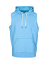 A light blue sleeveless hoodie featuring a front pocket and a hood, with a logo on the design.