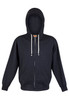 A black zip hoodie with a hood, featuring a zip closure and drawstrings, and long sleeves.