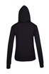 A black hoodie with long sleeves and a hood, featuring a fitted design and a logo.