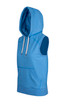 A sleeveless blue hoodie featuring a front pocket and an attached hood, with a logo on the front.