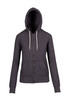 A heather grey zip hoodie featuring a hood and long sleeves, with a logo on it.
