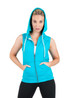 A sleeveless zip hoodie in vibrant turquoise, featuring a hood and front pockets, with a logo visible.