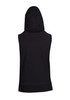A sleeveless black zip hoodie featuring a hood and a branded logo on the back. Ideal for casual wear.