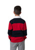 A rugby polo top in red and navy stripes, featuring a white collar, displayed on a child from the back.