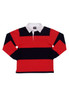 A red and navy striped rugby polo top with a white collar, featuring a logo on the chest.