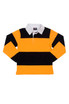 A black and yellow striped rugby polo top with a white collar, featuring a brand logo.