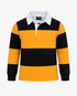 A kid's rugby polo top featuring yellow and black horizontal stripes, with a white collar and an attached branding label.