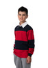 A kid's rugby polo top featuring red and navy horizontal stripes, with a white collar. It has a logo on the chest.