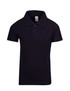 A navy blue kid's pique polo shirt featuring a collared neckline and three-button placket. It includes a logo.