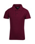 A maroon kid's pique polo shirt with a collar and three buttons, featuring a logo on the label.