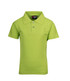 A short-sleeved kid's polo shirt in vibrant green with a collar and three buttons. It features a logo on the label.