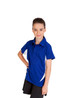 A blue polyester polo shirt with white accents, featuring a logo, worn by a young girl.