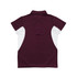A maroon polyester polo shirt featuring white side panels and a collar, with a logo on the front.