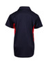 A navy blue and red polyester polo shirt with a collar and short sleeves, featuring a logo.