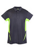 A kid's polo shirt in dark grey with bright green accents and a logo on the chest.