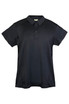 A black polyester polo shirt designed for kids, featuring a collar and buttons. It has a logo on the front.