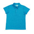 A turquoise polo shirt made of 100% polyester with a collar and button closure. It features a logo.