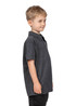 A kid's polo shirt in dark grey, featuring a collar and short sleeves, displayed on a young model.