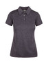A dark grey women's polo shirt made of 100% polyester with a three-button placket and a collar. It features a logo.