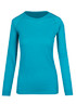 A women's long sleeve T-shirt in heather teal, featuring a simple design and a logo on the front.
