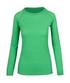 A women's long sleeve T-shirt in heather green with a fitted design and raglan sleeves. It features a logo.