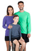 A purple long sleeve T-shirt on a woman, a grey long sleeve on a boy, and a green long sleeve on a man, all in shorts.