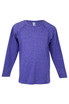 A purple long sleeve T-shirt with raglan sleeves and a tag on the inside. Features a logo.