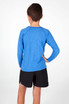 A blue long sleeve T-shirt with a raglan design, worn by a child, paired with black shorts.