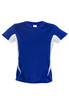 A blue and white Kids Accelerator Cool-Dry T-shirt with short sleeves and a logo.