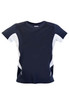 A navy blue and white Kids Accelerator Cool-Dry T-shirt with a simple design and a logo.