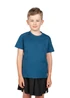 A boy in a blue, 100% polyester T-shirt stands against a white background. The shirt has a simple design and a logo.