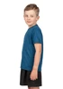 A blue 100% polyester T-shirt for kids, styled with a casual fit, worn by a child in a side profile.