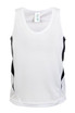 A white singlet with black side panels, featuring a logo. Ideal for kids' active wear.