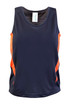 A navy blue kids' singlet featuring orange side accents and a small logo. Ideal for active wear.