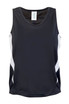 A black and white kids' singlet made from a moisture-wicking fabric, featuring a logo. Ideal for active wear.