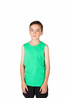 A green sleeveless tank top for kids, featuring a simple design and a logo on it.