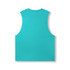 A sleeveless tee in a vibrant turquoise hue, featuring a simple design and a logo on the back.