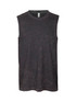 A black stone wash sleeveless tank top with a round neckline and a logo at the neck.