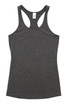 A dark grey kids' T-back singlet with a sporty design and a logo on the label.