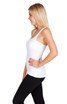 A white kids' T-back singlet displayed on a model, paired with black leggings. The design includes a logo.
