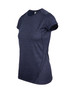 A navy women's T-shirt made of 100% polyester, featuring short sleeves and a fitted design. It includes a logo.