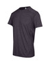 A dark grey, 100% polyester T-shirt with short sleeves and a logo on the design.