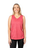 A red women's singlet made of 100% polyester, featuring a casual design and a logo.