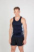 A navy blue men's singlet with light blue accents, featuring a logo on the front, worn by a model.