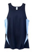 A men's singlet featuring a navy blue body with light blue side panels and a logo.