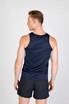 A navy singlet designed for men, featuring a sleek fit and shoulder straps. It includes a logo on the fabric.