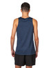 A men's singlet in navy blue, made from 100% polyester, with a logo on the back.
