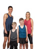 A group of four people wearing singlets in navy, grey, teal, and red, with one featuring a logo.
