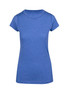 A blue women's athletic t-shirt with short sleeves and a round neckline. It features a branding logo.